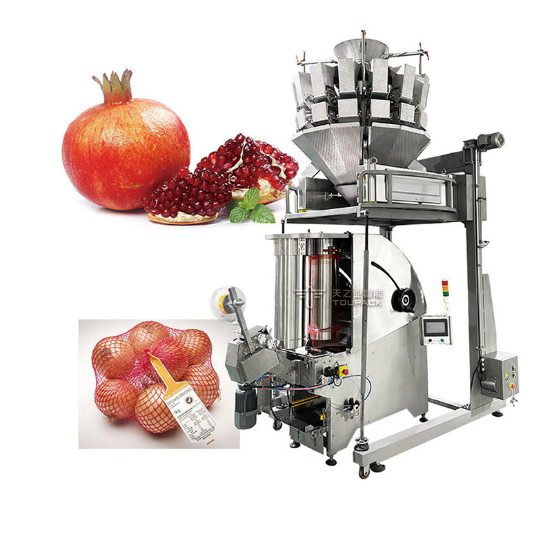 Máquina de embalagem de sacos de malha de cebola de batata com rótulo de frutas combinação linha de produção de pesador