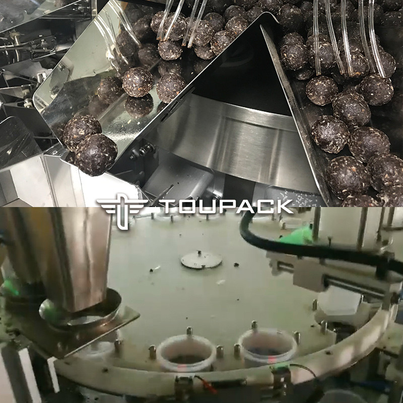 Máquina automática de enchimento de embalagens de chocolate misturado com tampa e rotulagem de linha de embalagem de snacks de nozes
