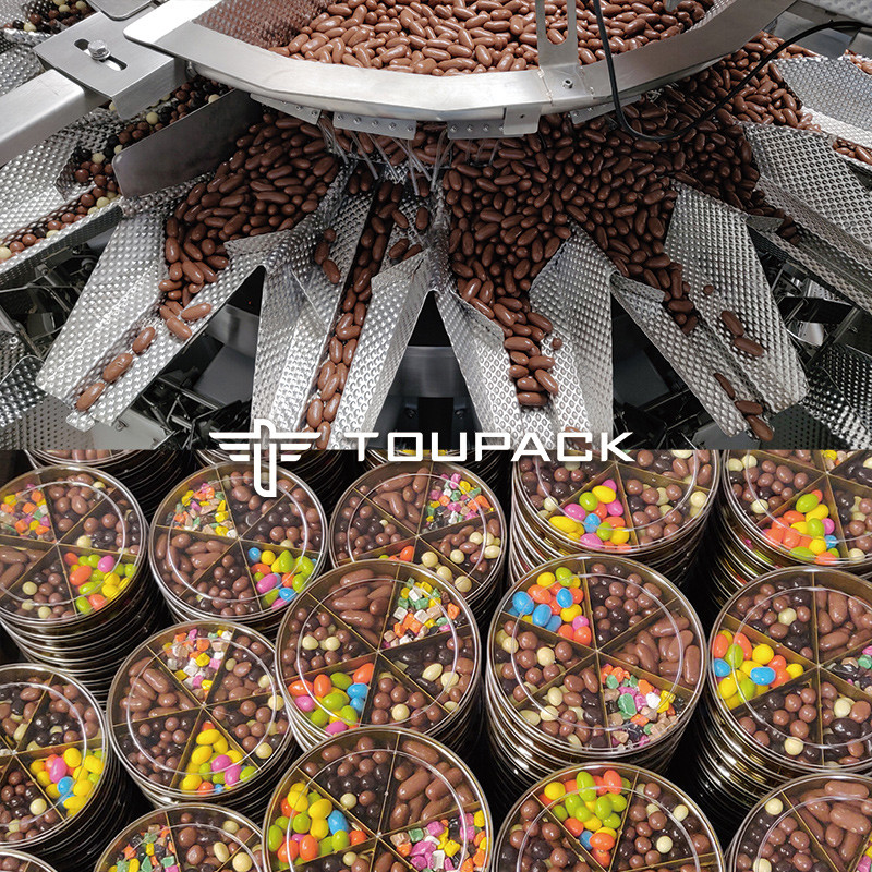 Máquina automática de enchimento de embalagens de chocolate misturado com tampa e rotulagem de linha de embalagem de snacks de nozes