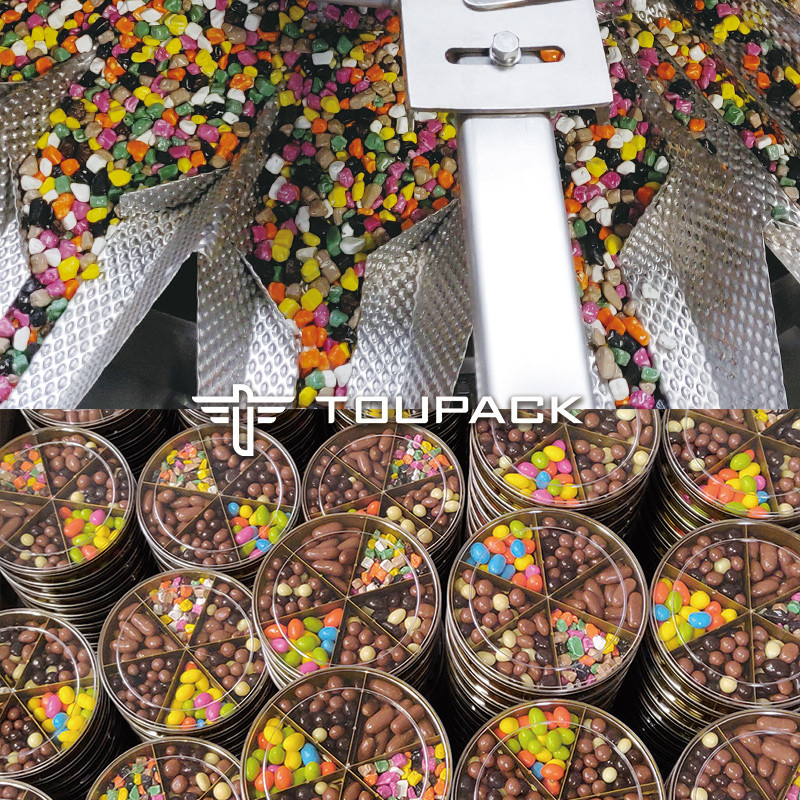 Máquina automática de enchimento de embalagens de chocolate misturado com tampa e rotulagem de linha de embalagem de snacks de nozes