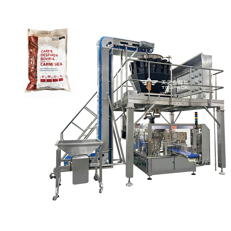 Máquina de embalagem quantitativa de sacos de carne bovina desidratada e eficiente, pronta para comer