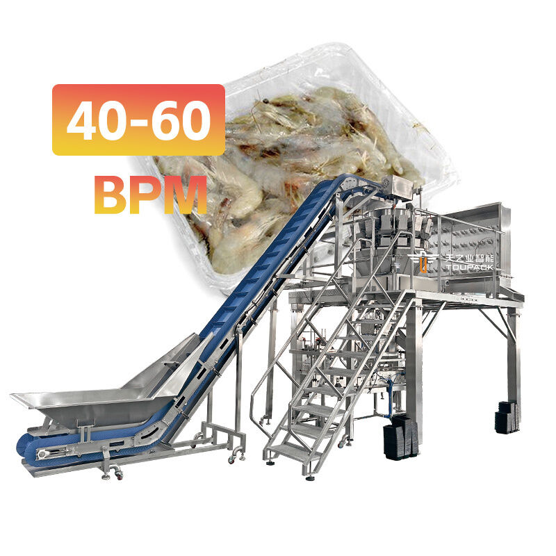 Linha automática de desinfecção e enchimento de bandejas com pesador multi-cabeça de parafusos de alta precisão para carnes pegajosas