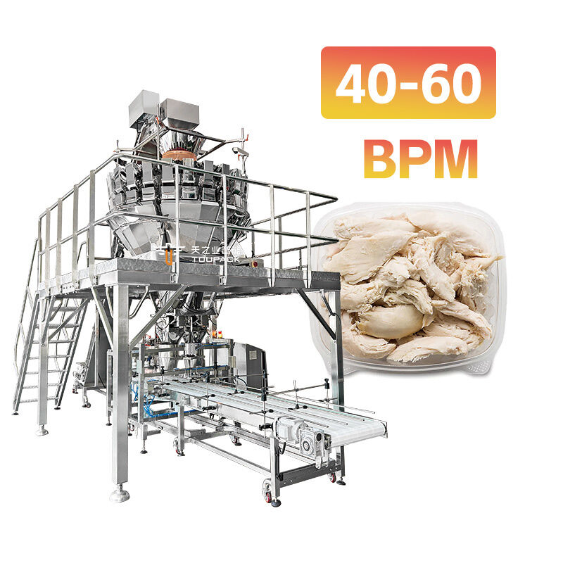 Linha automática de desinfecção e enchimento de bandejas com pesador multi-cabeça de parafusos de alta precisão para carnes pegajosas