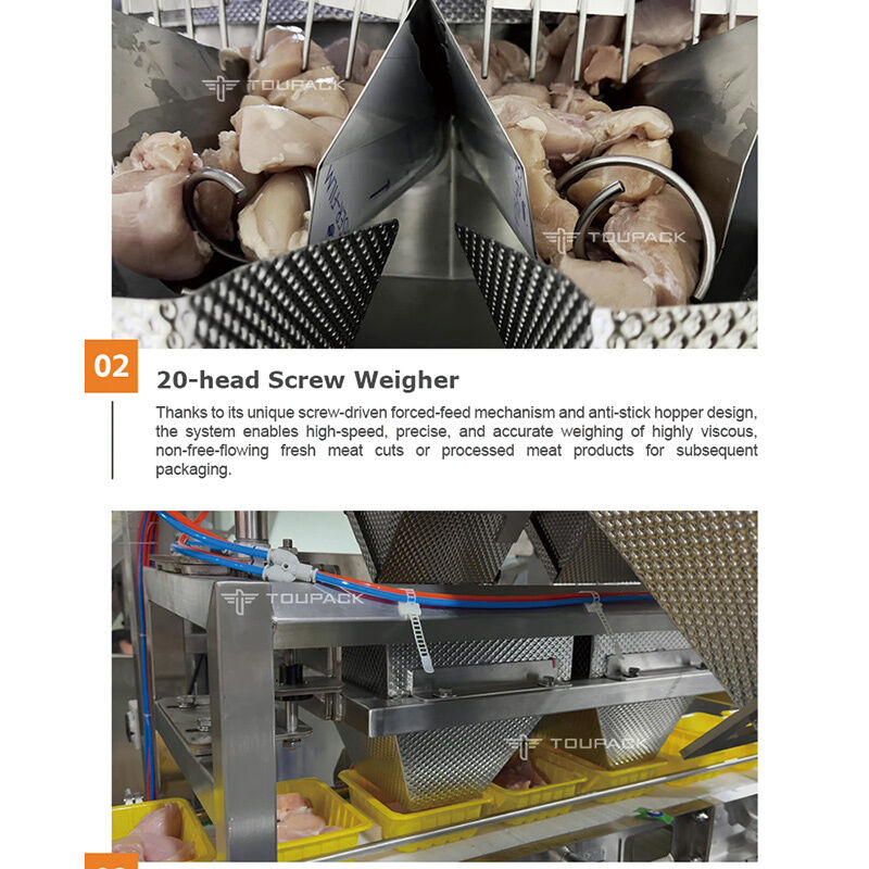 Linha automática de desinfecção e enchimento de bandejas com pesador multi-cabeça de parafusos de alta precisão para carnes pegajosas
