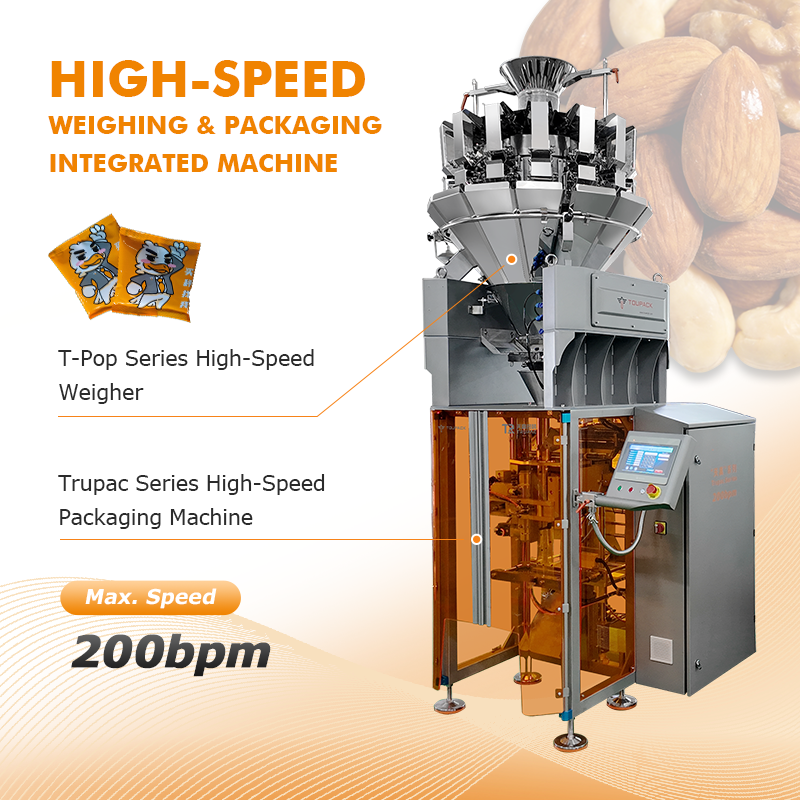 Máquina de embalagem vertical de alta velocidade com pesador multi-cabeça para lanches, batatas fritas, nozes e sacos de alimentos para animais de estimação