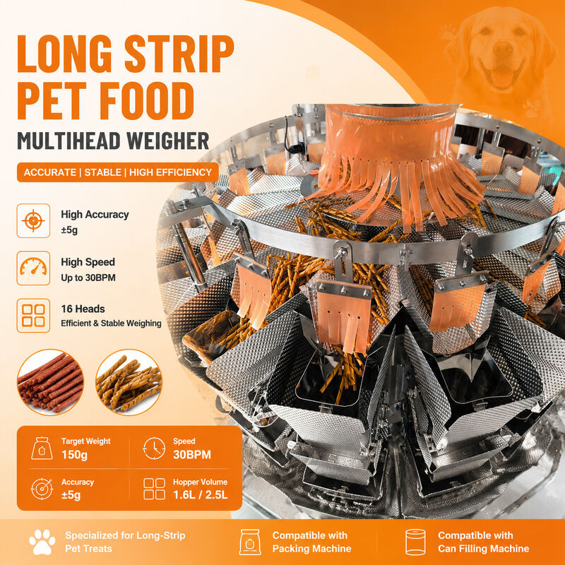 Máquina de Embalagem de Ração para Cães | Balança Multi-Cabeça Especializada para Jerky de Tiras Longas e Petiscos Mastigáveis Anti-Entupimento