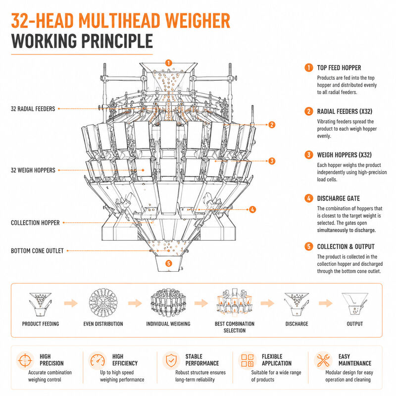 Sistema de empacotamento dos alimentos para animais de estimação do pesador Multihead de 32 cabeças para o controle exato da parcela e a embalagem de alta velocidade