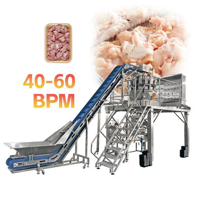 Linha de embalagem automática de bandeja de carne de alta velocidade com alimentação por parafuso Pesadora multi-cabeça para proteínas pegajosas e frescas